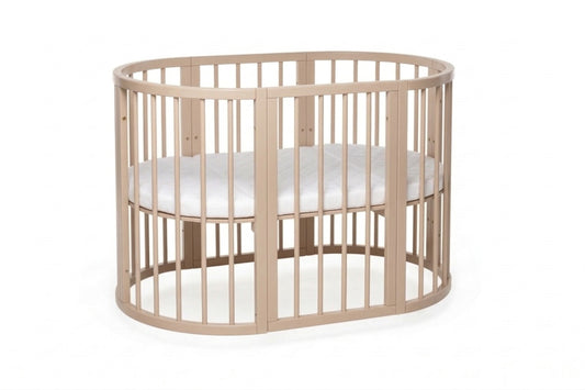 Round OLIN baby crib in beech, cappuccino